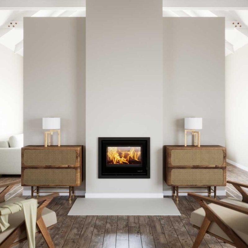 SAfire Heeta 700 double-sided wood fireplace insert built into white feature wall, wide landscape black steel firebox with open flames