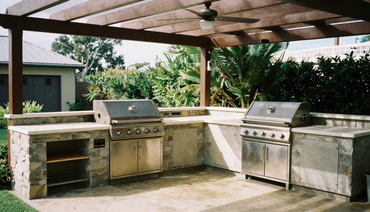 A stainless steel built-in gas braai installed in a modern outdoor kitchen, ideal for year-round entertaining