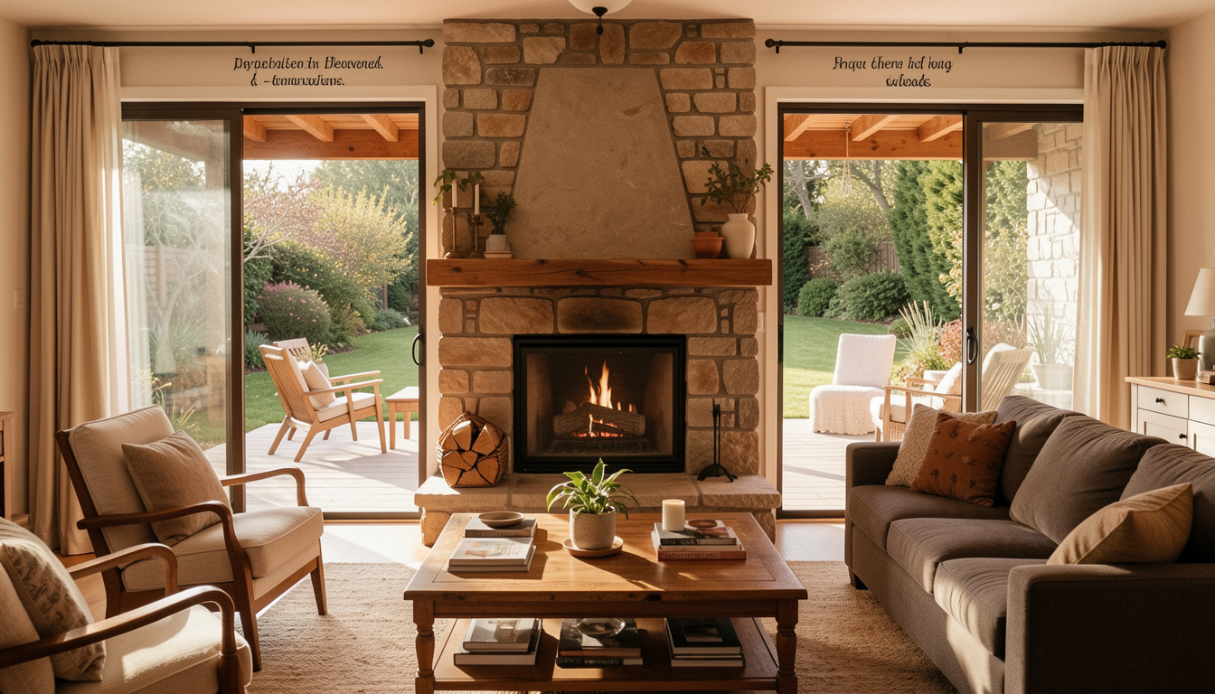Double-sided wood-burning fireplace warming an open-plan living room with garden doors in a South African home