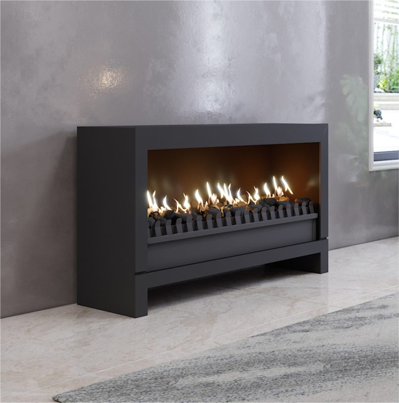 Free standing gas fireplace — SAFire Baiona freestanding model in a South African living room