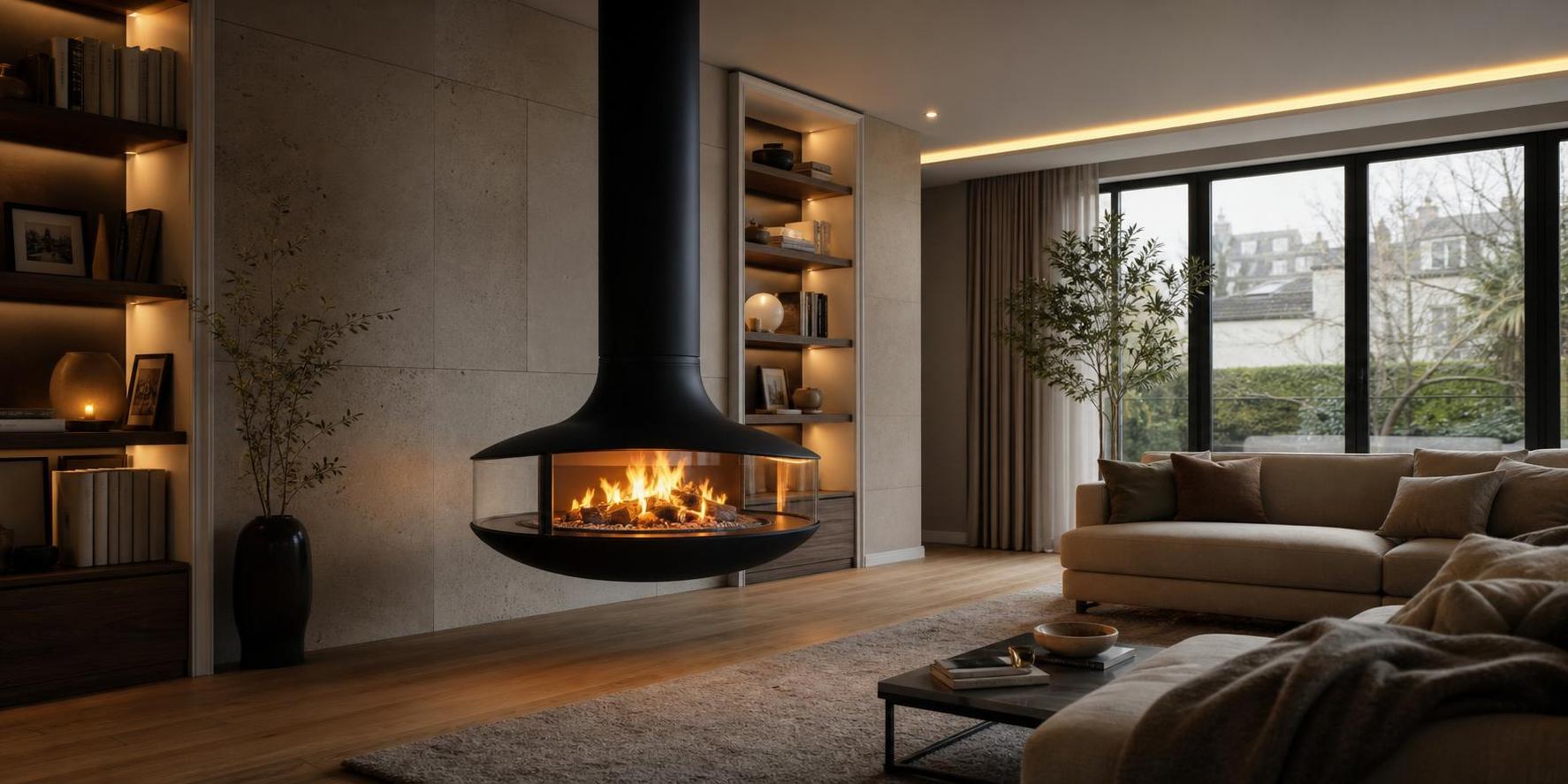 Hanging fireplaces modern suspended fireplace in a warm premium living room