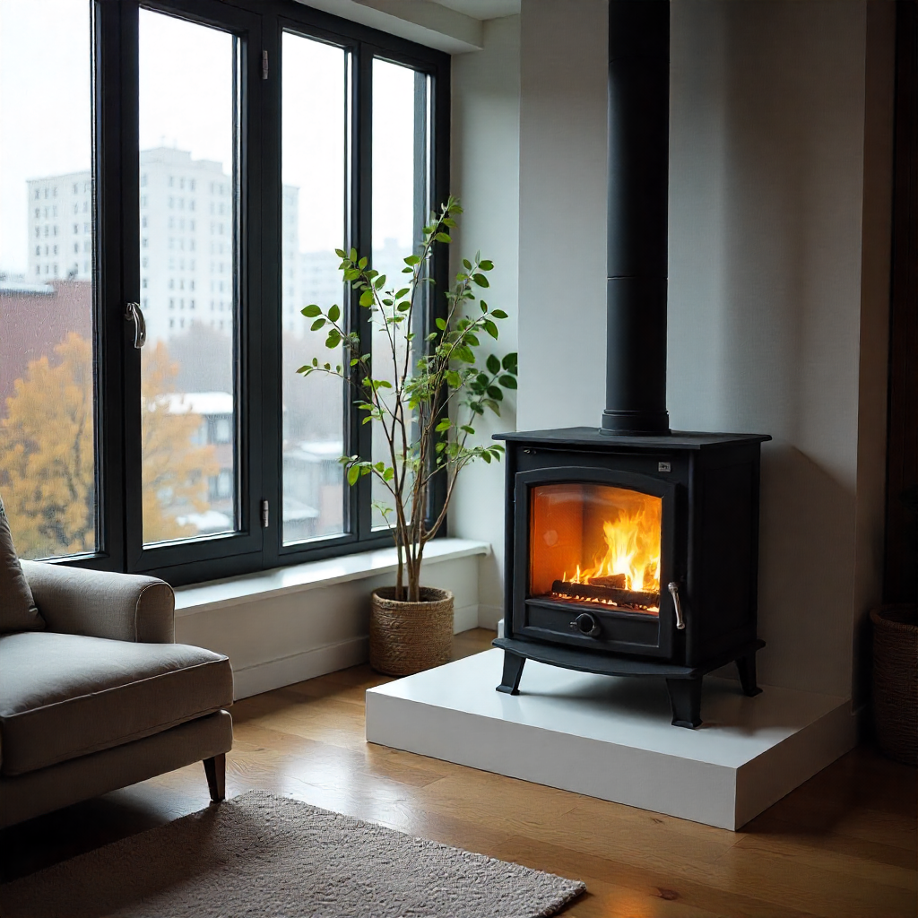indoor wood burning stove installed in a South African home with warm firelight