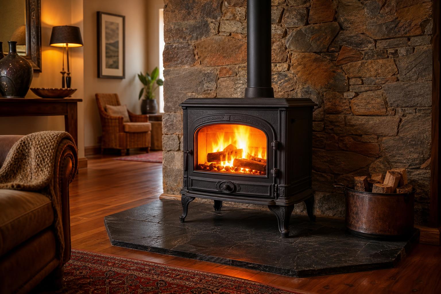 old fireplace stove in a South African living room with fire glowing inside