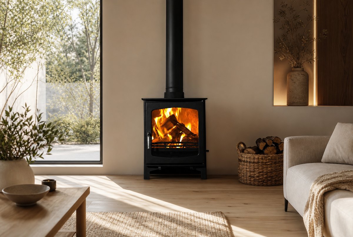 Sentinel Ottawa Curve freestanding combustion wood stove installed in a modern South African lounge