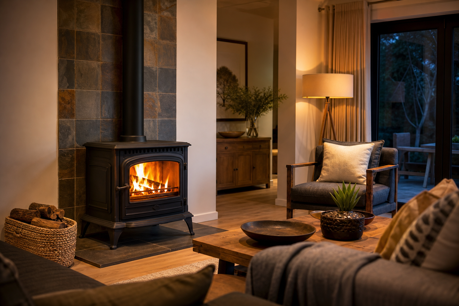 Dovre fireplace installed in a South African living room with warm flames visible through the glass door