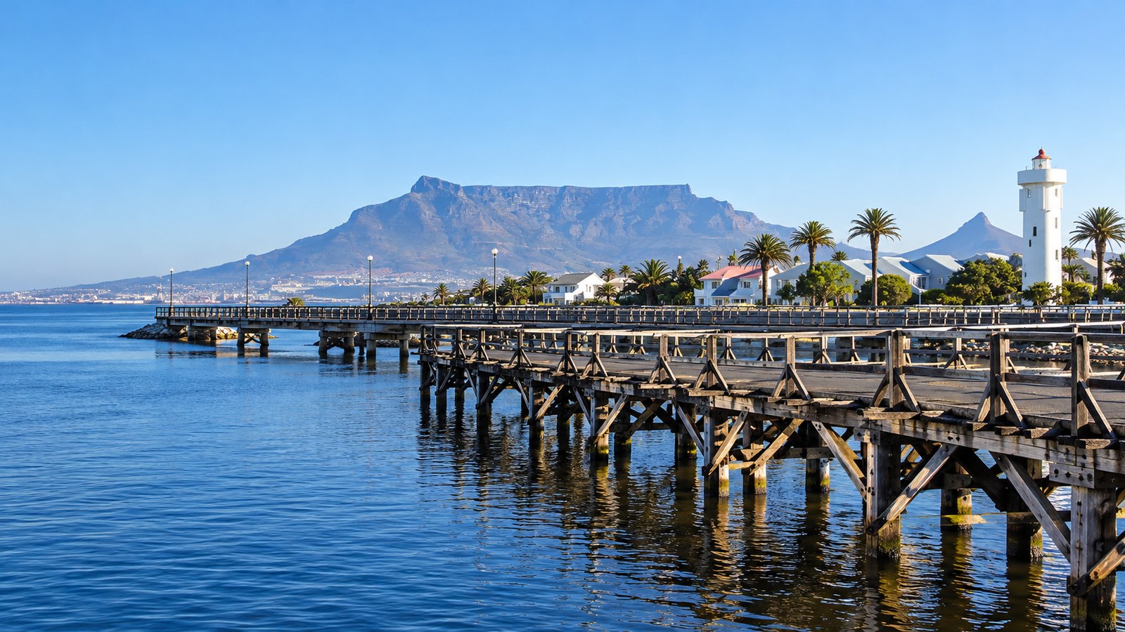 Woodbridge Island bridge over the Milnerton lagoon with the lighthouse and Table Mountain