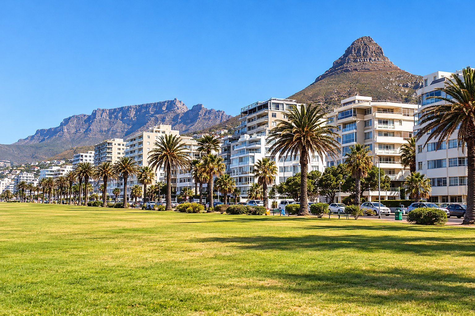 Sea Point promenade lawns with palm trees, apartments, Lion's Head and Table Mountain in Cape Town