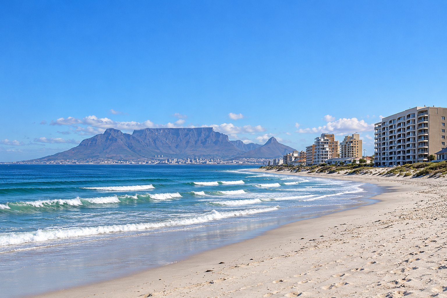 Table View beach with Table Mountain across Table Bay, Cape Town