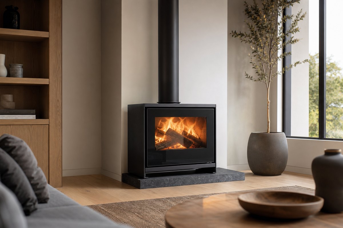 Modern wood-burning fireplace installed in a South African home