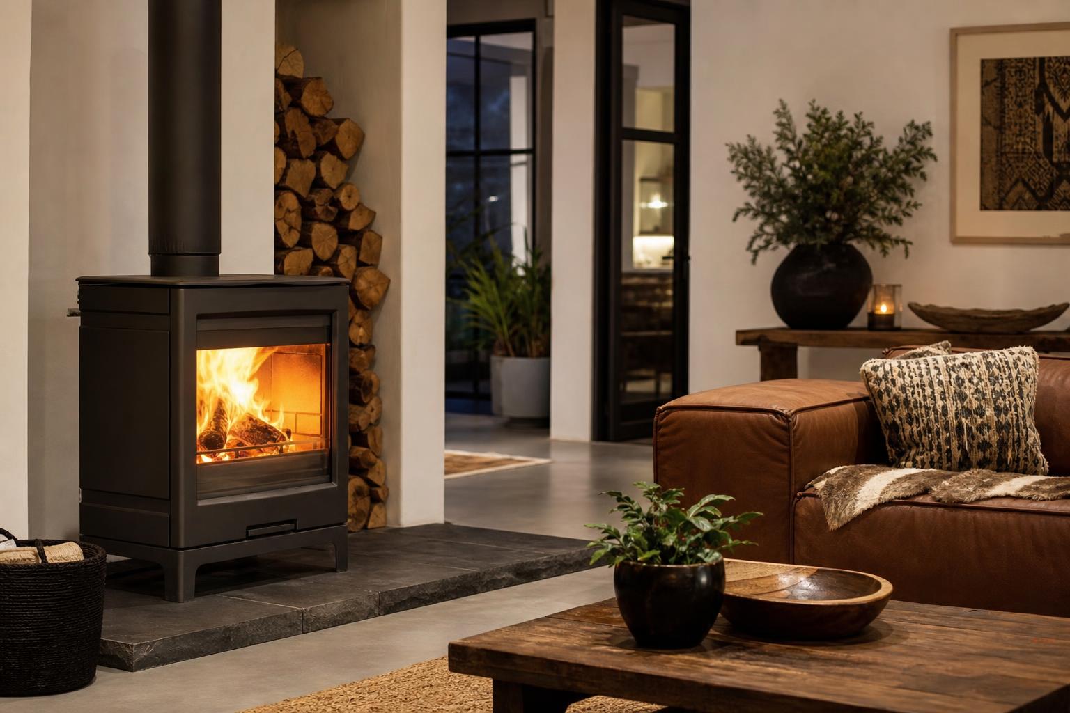 freestanding stoves in a Cape Town living room with warm fire glowing through glass door