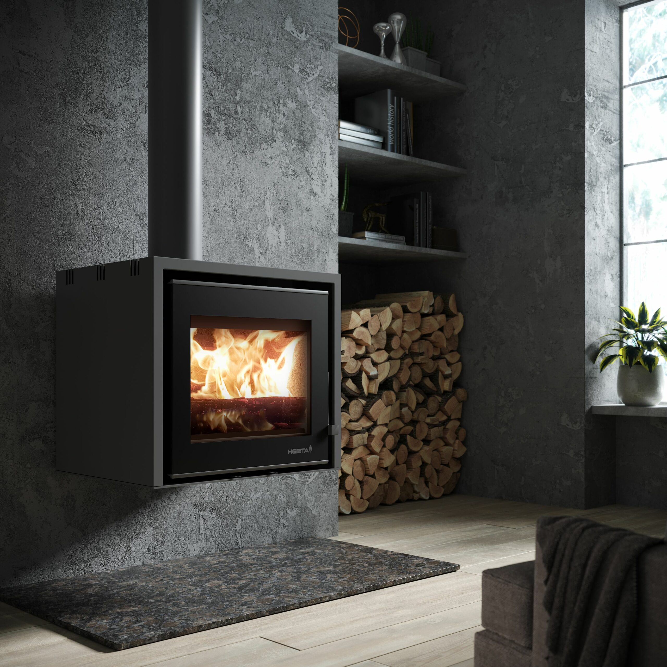 Heeta 600 NB built-in fireplace insert with large glass viewing window, matte black steel body, wall-mounted installation