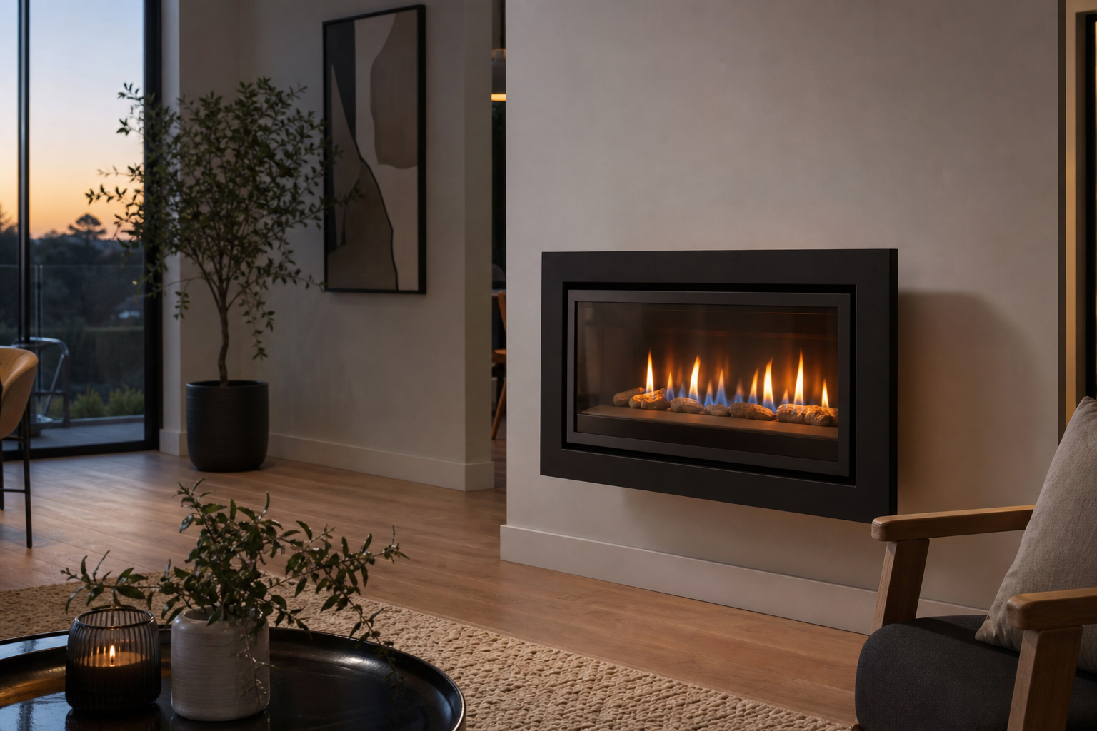gas flame heater with visible flames in a modern South African home living room