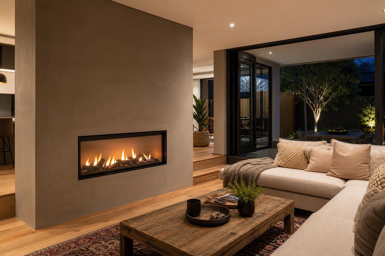 in built gas fireplace set flush into a plastered feature wall in a modern South African living room