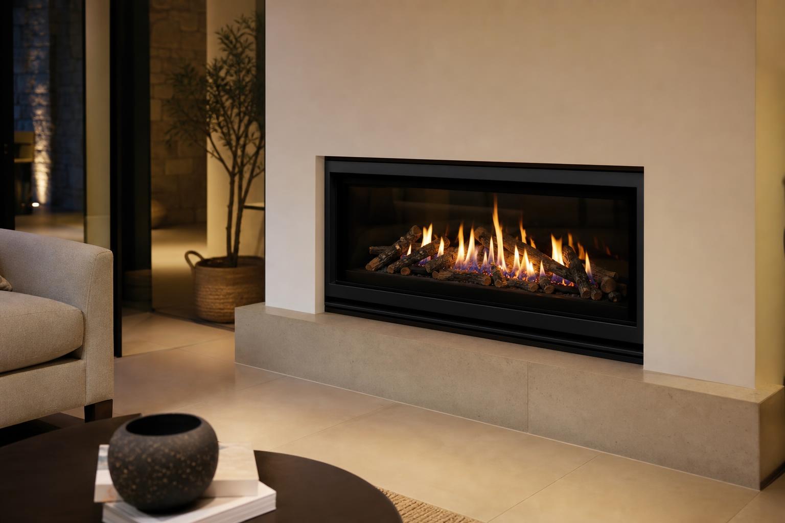 in built gas heater installed in a modern South African living room with glass front and warm flames