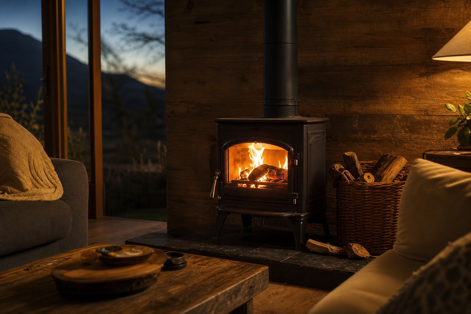 old fireplace stove installed in a South African living room with glowing fire through cast-iron glass door