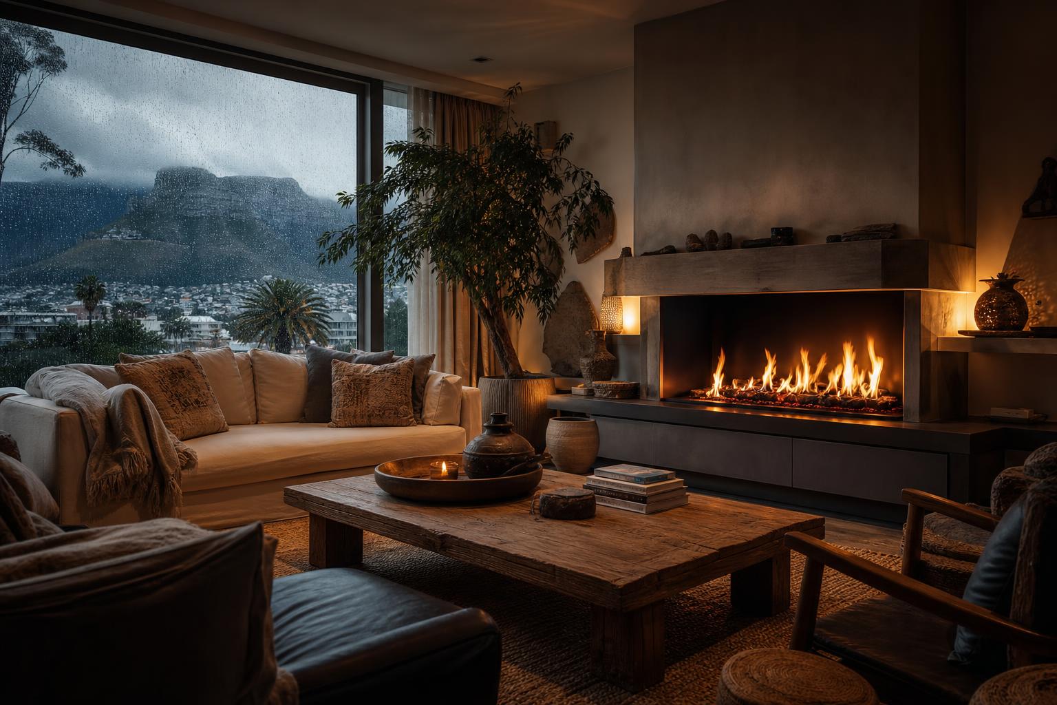 on fire cape town homeowner inspecting a new wood-burning fireplace installation in a Cape Town living room