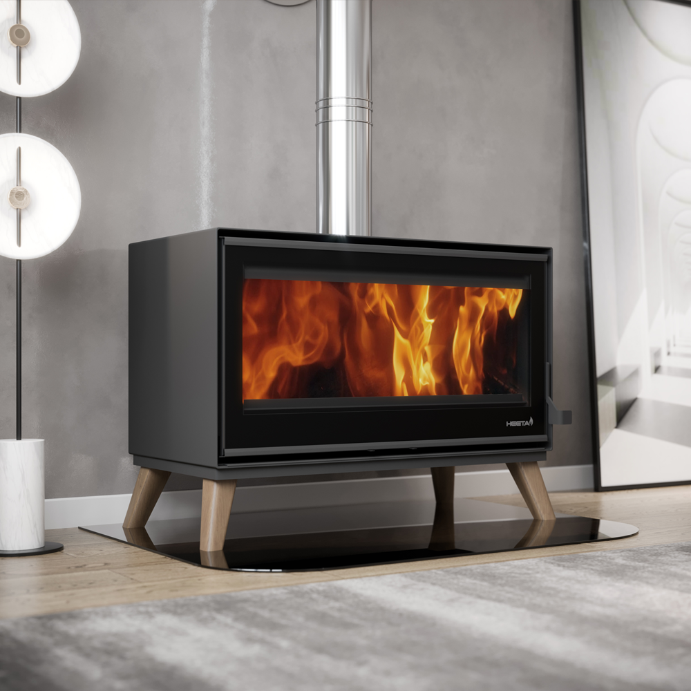 SAfire Heeta 950 Oakley wood burning freestanding fireplace, matte black body with large glass panel and timber legs