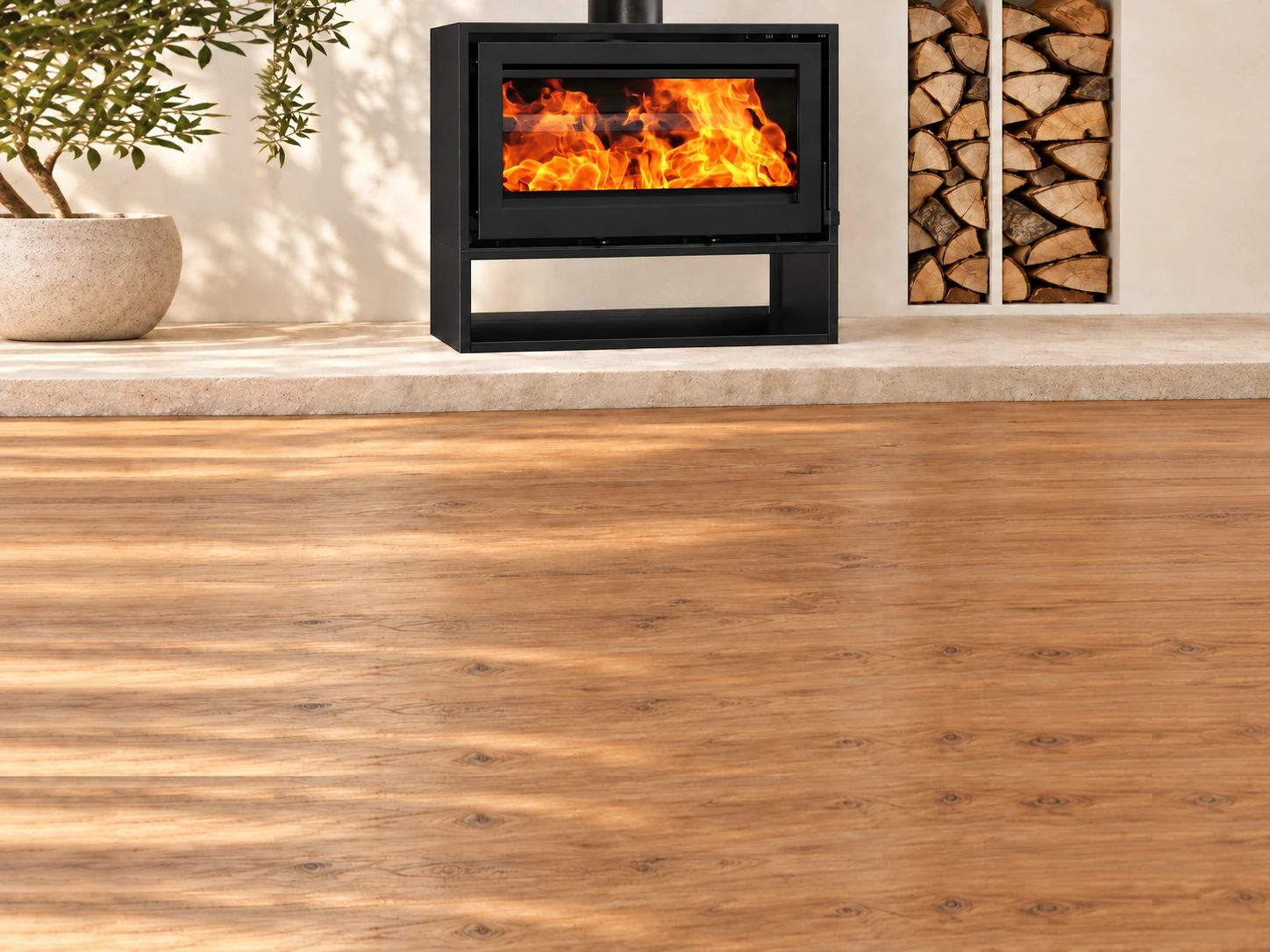 Sentinel freestanding fireplace in a warm neutral interior