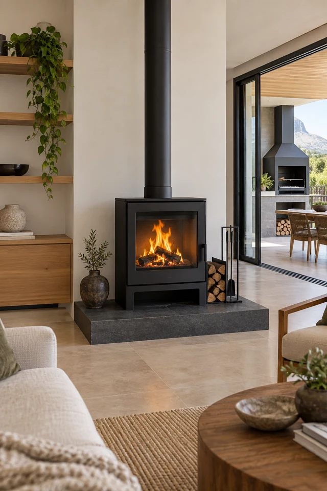 Modern fireplace and renovated living space opening onto a braai patio