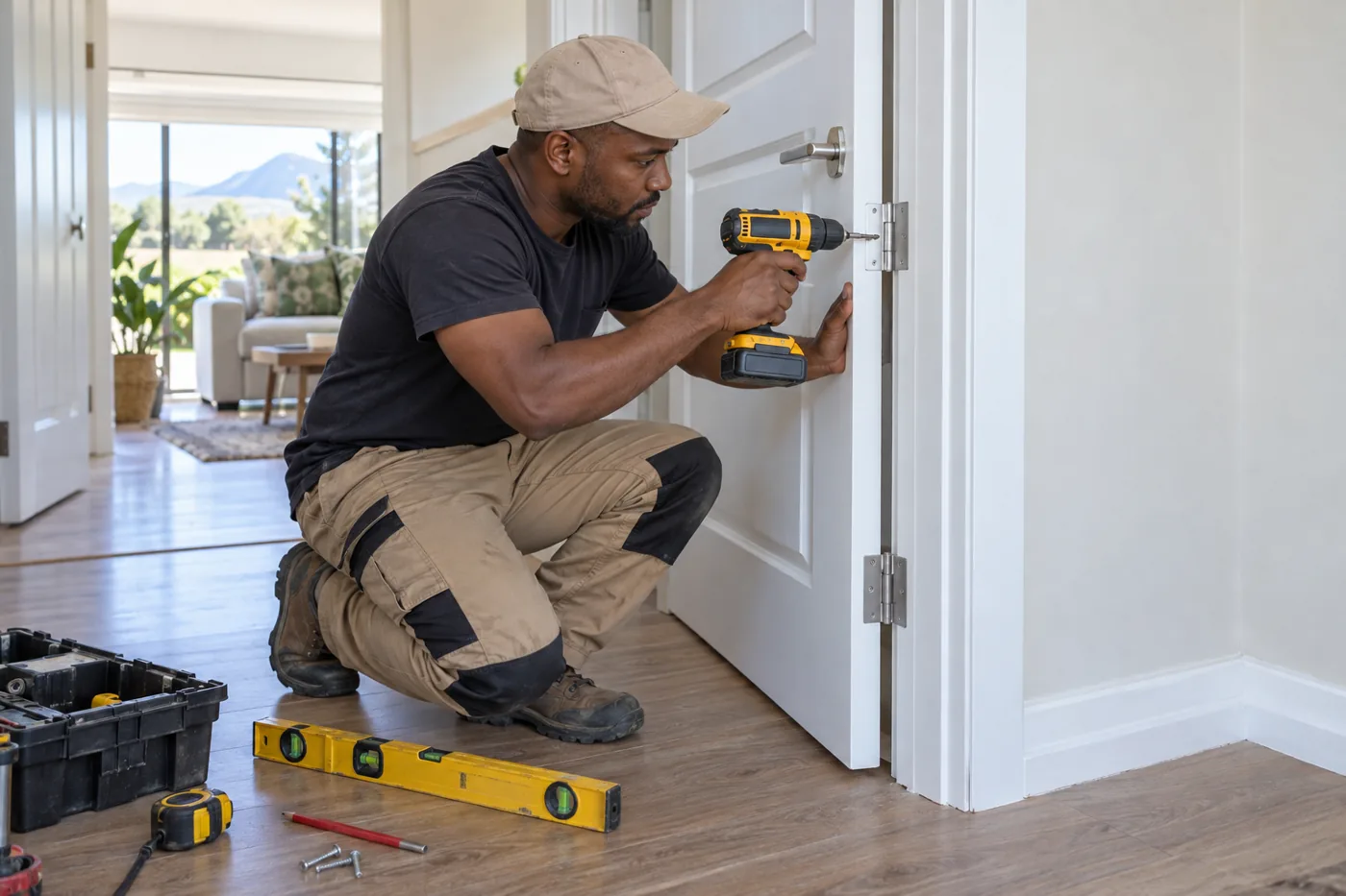 Handyman hanging an interior door with a drill