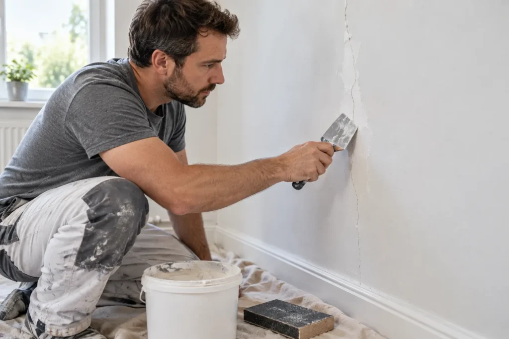 Handyman repairing and patching a wall