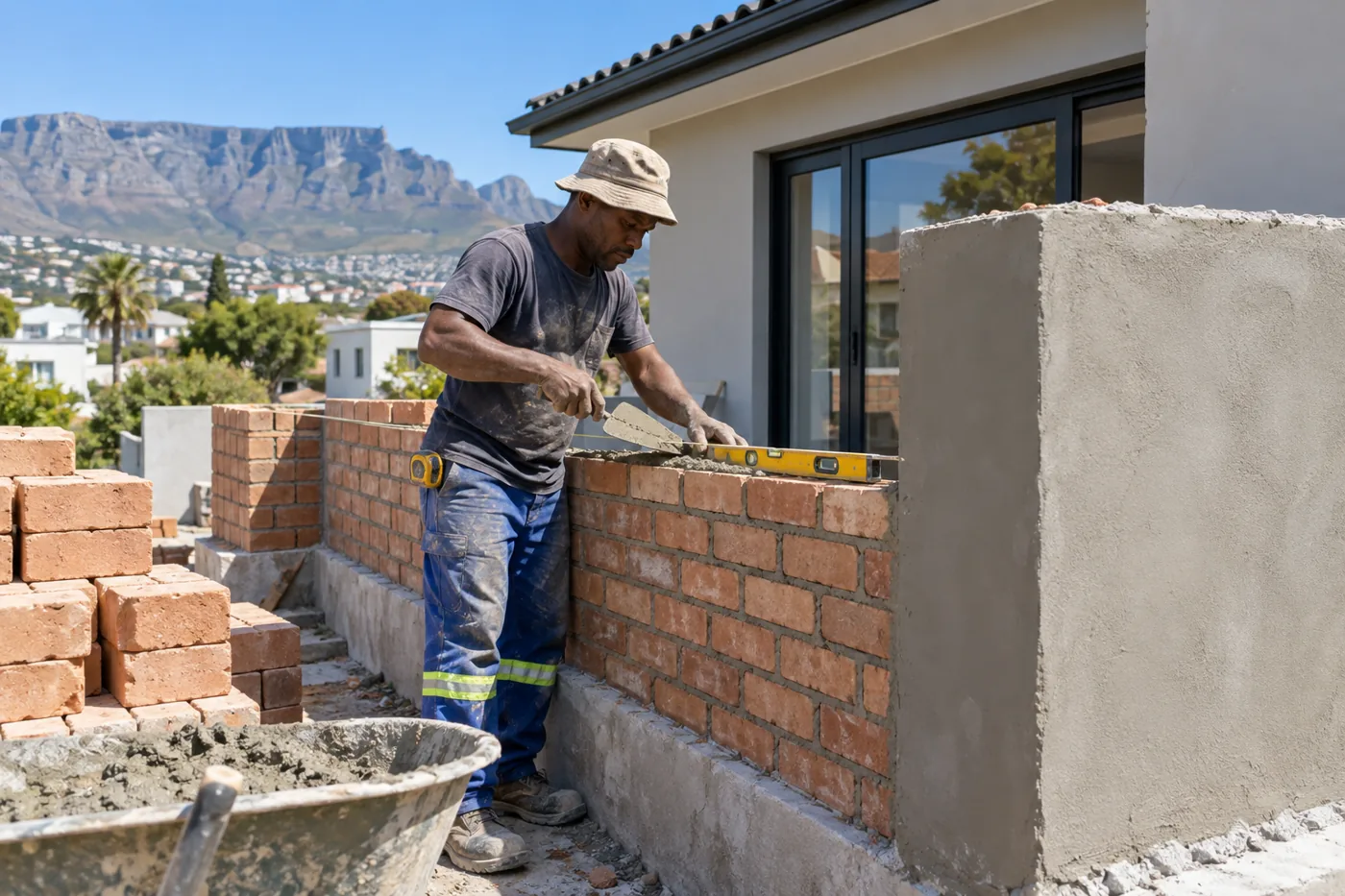Bricklayer building and plastering a new wall on a Cape Town home