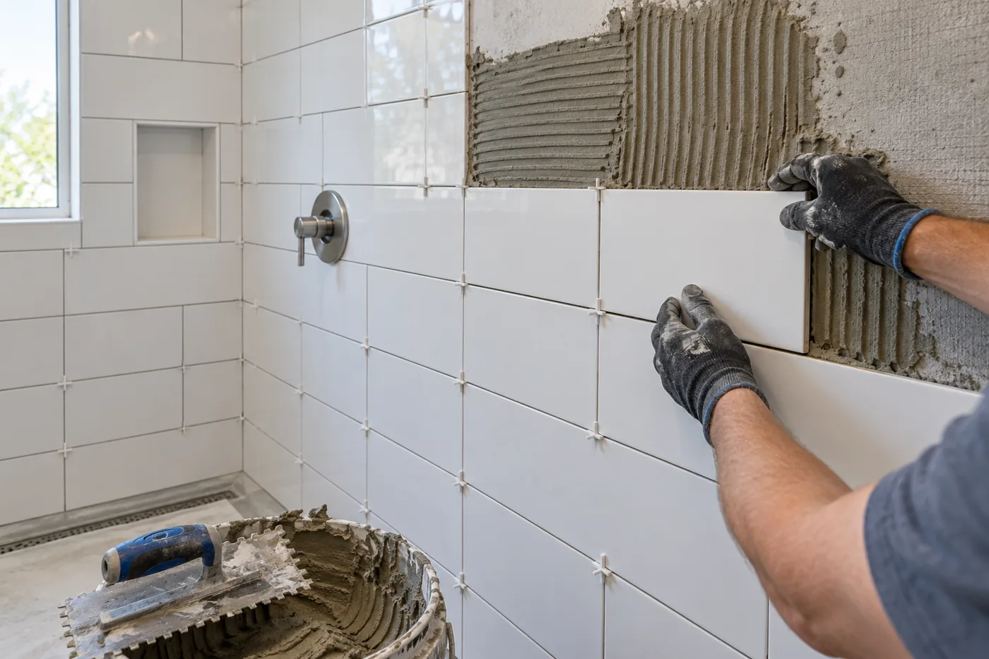 Tiler fixing white wall tiles in a shower
