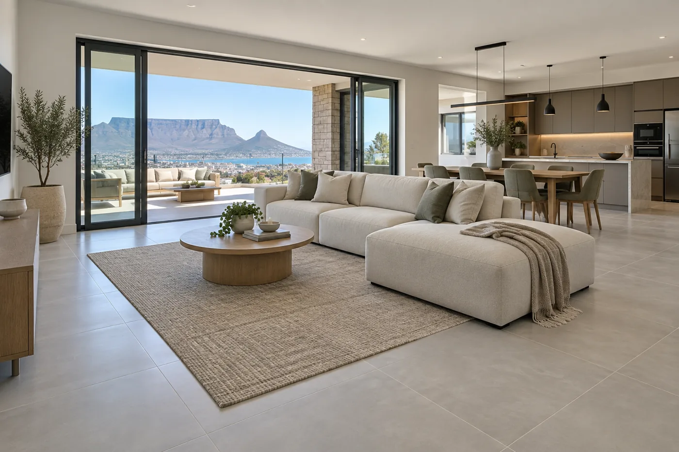 Large light grey porcelain floor tiles in an open plan living area