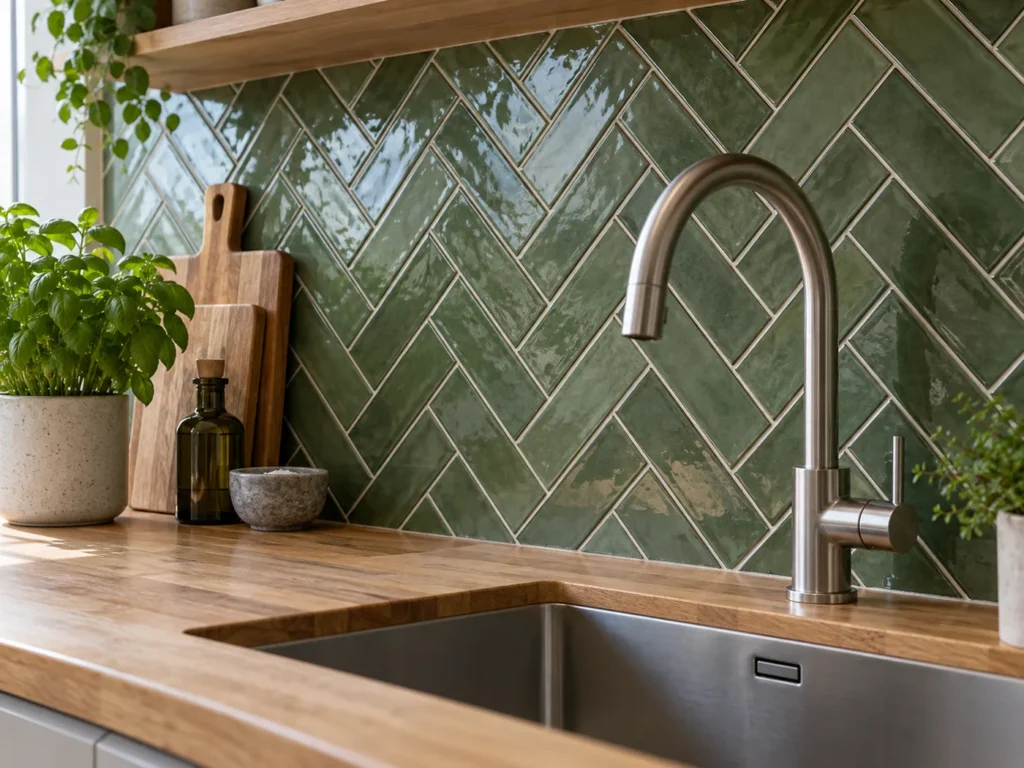 Green herringbone kitchen splashback tiles