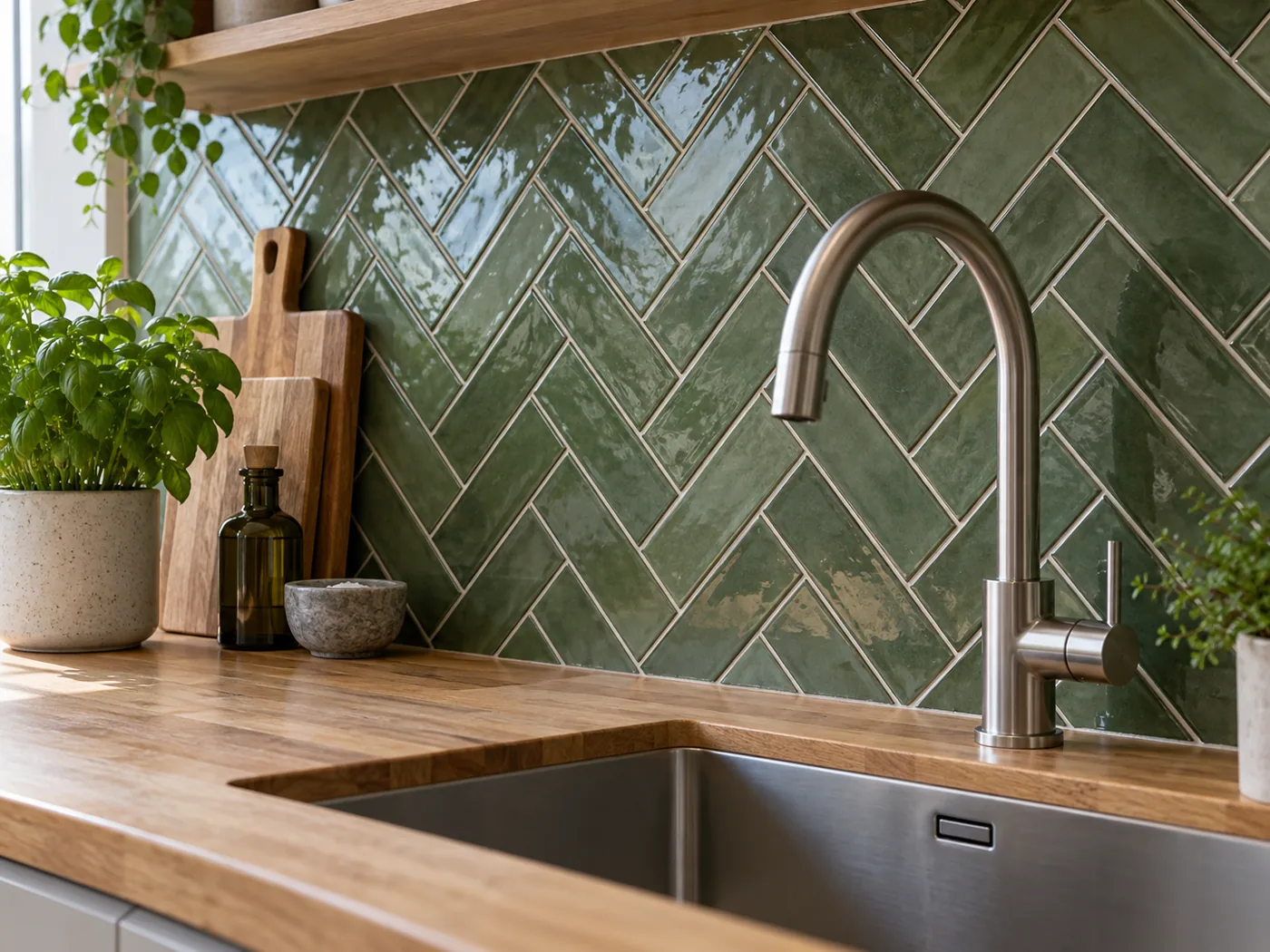 Green herringbone tile splashback behind a kitchen counter